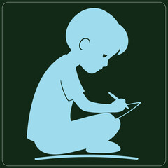 Silhouette of child sitting on ground writing with pen on paper illustrating education literacy and creative storytelling skills for kids.