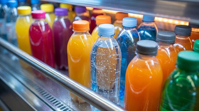 Assortment of colorful bottled beverages neatly arranged on refrigerated shelf in brightly lit convenience store cooler.