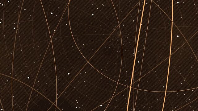 Golden particle network overlay with intersecting mathematical orbital lines and light dots on a dark brown tech background loop