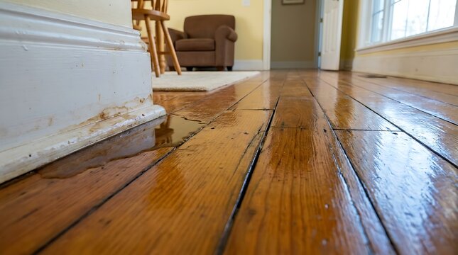 Flooded hardwood floor with water pooling near white baseboard showing home maintenance issues and residential liquid damage on polished timber surface in living room perspective.