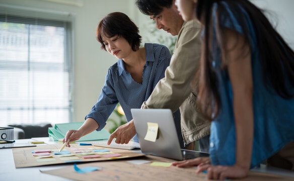 Focused Asian team analyzing a mind map with sticky notes on a desk, using a laptop to research and develop a marketing strategy together.