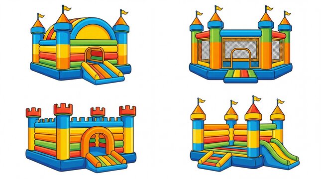 Four colorful inflatable bouncy castles for children designed with vibrant plastic textures on white background