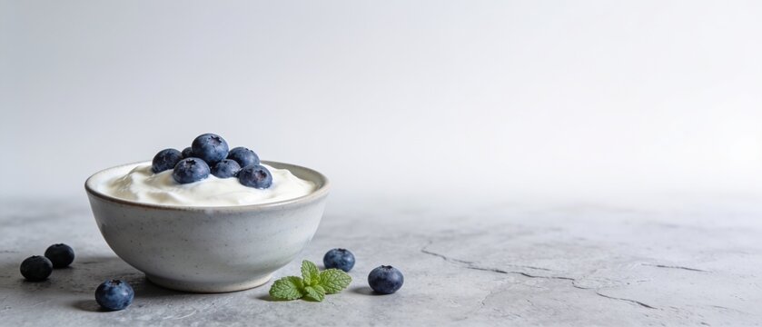 Fresh yogurt bowl with blueberries and mint leaves on minimalist white surface