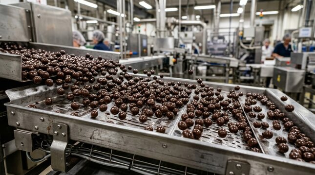 Chocolate coated balls roll along a conveyor in a busy chocolate factory.
