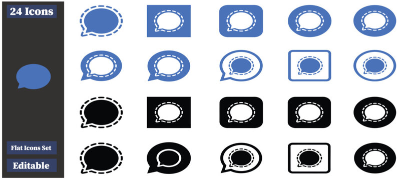 A collection of 24 flat icons featuring various speech bubbles in blue and black colors