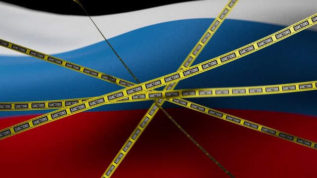 Russian flag sealed with yellow caution tape, international sanctions concept