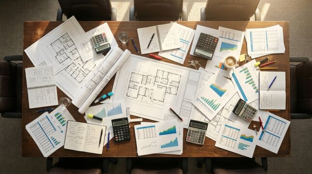 A cluttered desk is covered with blueprints, charts, calculators, and notebooks.