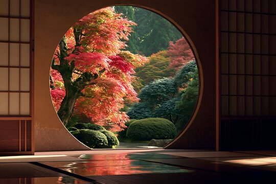 円窓から眺める日本の秋紅葉で彩られた静寂の庭園