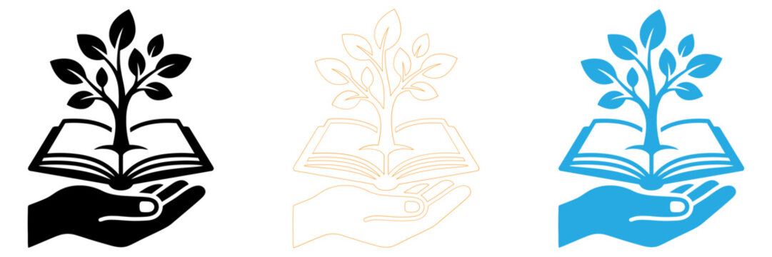 Educational icons showing growth from seed to tree and book isolated on transparent background, Vector