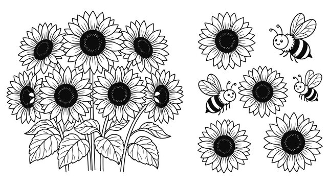 Line art sunflowers with busy bees buzzing around, black and white sketch style.