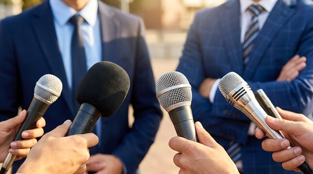 Journalists hold microphones ready to interview politicians speaking in suits at outdoor press conference event, close up on hands holding equipment for news.