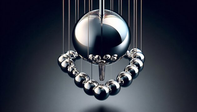 Abstract chrome spheres hanging in a symmetrical kinetic sculpture