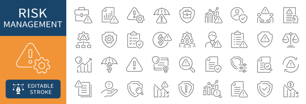 Risk management thin line icons set. Editable stroke. Vector
