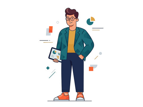 Flat editorial vector illustration, modern corporate character, rounded geometric design, bold colorful palette, clean outlines, minimal gradients, smooth organic curves, simple expressive face, premi