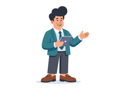 Professional corporate cartoon vector illustration, clean rounded geometry, smooth bezier curves, colorful business aesthetic, oversized character proportions, expressive smiling face, minimal design,