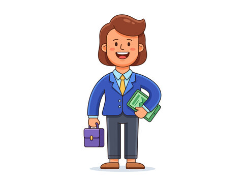 Professional corporate cartoon vector illustration, clean rounded geometry, smooth bezier curves, colorful business aesthetic, oversized character proportions, expressive smiling face, minimal design,