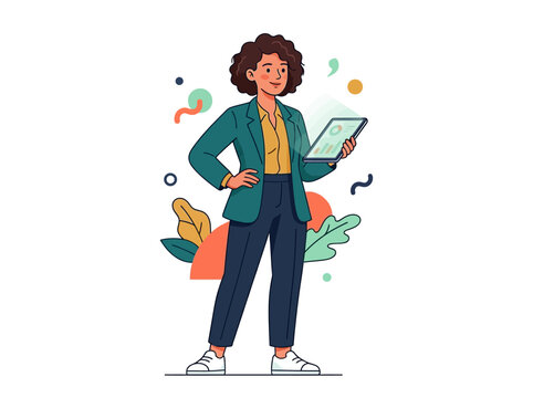 Flat editorial vector illustration, modern corporate character, rounded geometric design, bold colorful palette, clean outlines, minimal gradients, smooth organic curves, simple expressive face, premi