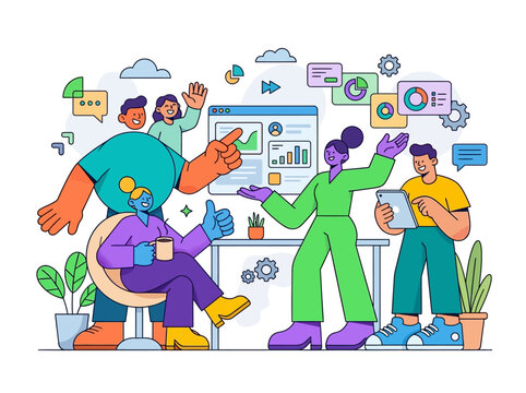 Corporate Memphis 2.0 flat vector illustration, rounded geometric characters, oversized hands and feet, expressive smiling faces, clean thick outlines, vibrant modern color palette, smooth minimal gra
