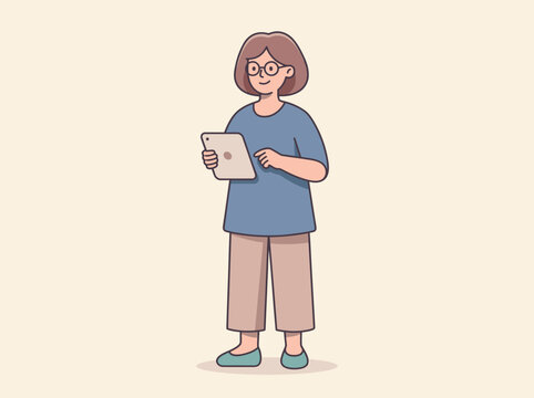 Minimal flat vector character illustration, cute professional cartoon style, rounded body proportions, bold clean outlines, soft color palette, simple geometric clothing, modern digital illustration, 