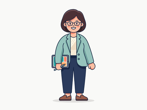 Minimal flat vector character illustration, cute professional cartoon style, rounded body proportions, bold clean outlines, soft color palette, simple geometric clothing, modern digital illustration, 