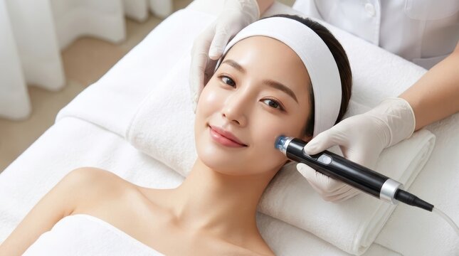 Asian woman receiving facial treatment with beauty wand device in spa salon
