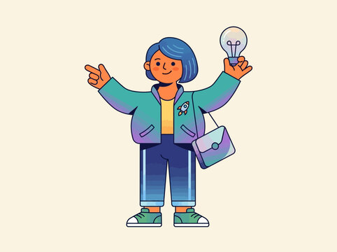 Minimal flat character illustration, contemporary geometric cartoon style, rounded body shapes, clean bold outlines, simplified facial details, vibrant harmonious colors, smooth gradient accents, prem