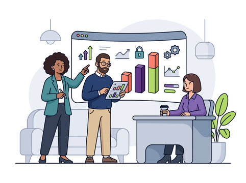 Premium SaaS flat vector illustration, oversized rounded shapes, clean corporate design, vibrant accent colors, simple facial features, thick smooth outlines, geometric proportions, minimal compositio