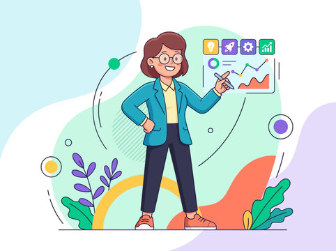 Modern flat vector illustration, colorful startup aesthetic, rounded proportions, playful business character, clean geometric construction, bold vibrant colors, smooth minimal shading, simplified anat