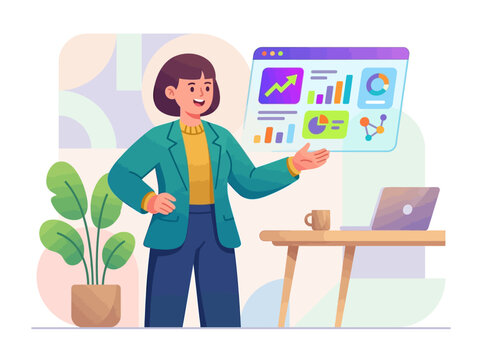 Modern flat vector illustration, colorful startup aesthetic, rounded proportions, playful business character, clean geometric construction, bold vibrant colors, smooth minimal shading, simplified anat
