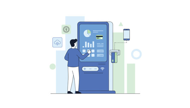 Person interacts with a digital payment kiosk featuring a touchscreen interface with financial charts and card reader functionality.