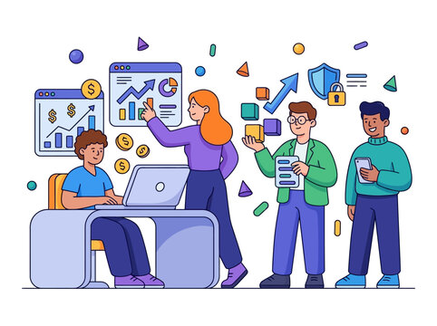 Premium SaaS flat vector illustration, oversized rounded shapes, clean corporate design, vibrant accent colors, simple facial features, thick smooth outlines, geometric proportions, minimal compositio