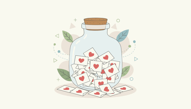Glass jar stuffed with envelopes decorated with hearts sits among green leaves on a light neutral background.