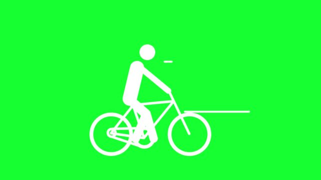 Animated stickman riding a bicycle in place loop on green screen background for indoor cycling, fitness, workout, and motion graphics project.