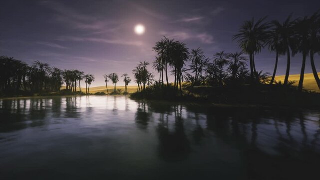 Serene moonlit pond surrounded by distant trees. Tranquil lunar setting featuring mirrored pools and distant palm trees under clear starry sky