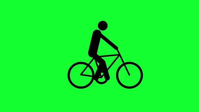 Animated stickman riding a bicycle in place loop on green screen background for indoor cycling, fitness, workout, and motion graphics project.