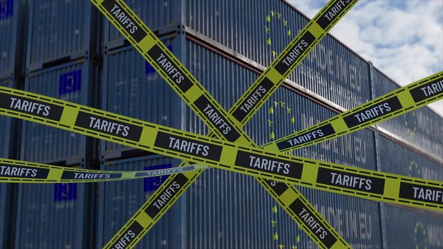 EU cargo containers crossed with yellow warning tape, import and export tariffs