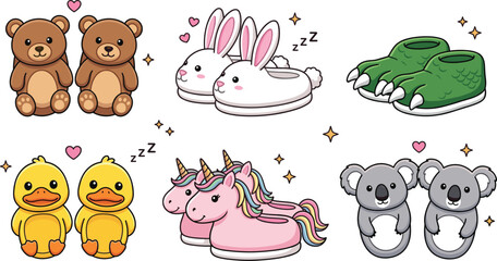 Fototapeta premium Cute Animal Slippers Sticker Vector Set Featuring Teddy Bear Bunny Rabbit Monster Claws Duck Unicorn and Koala Fluffy Indoor Winter Footwear