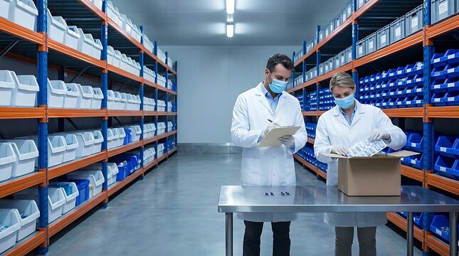Two scientists wearing lab coats and face masks carefully examining pharmaceutical products in sterile warehouse with rows of storage bins for inventory management and quality control operations.