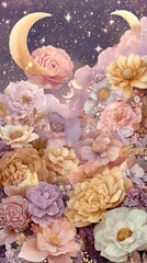 Fototapeta premium Dreamy pastel floral fantasy mobile wallpaper with crescent moons and stars