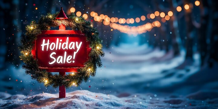 Holiday sale sign with festive lights and snowy winter background