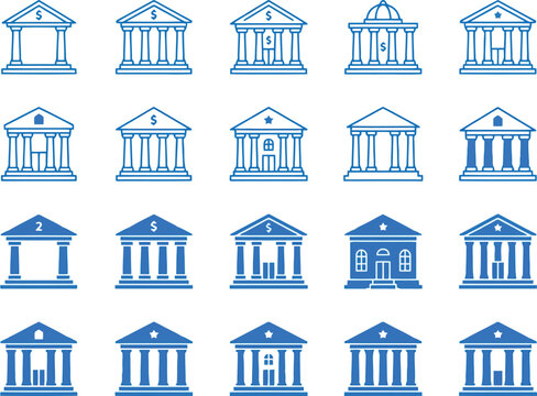 Set of twenty blue and black bank building icons featuring classic architecture with columns and pediments for financial and government institutional web design projects