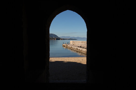 Cefalu, Italy; 1st January 2026: Porta Pescara, one of the city's ancient medieval gates, offering a picturesque view of the sea.