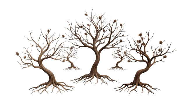 Group of bare trees with roots isolated on transparent background