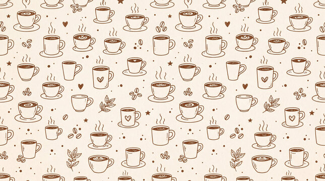 Vintage Coffee Time Doodle Seamless Pattern, Hand Drawn Coffee Mug and Beans Warm Background