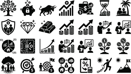 Naklejka premium Financial growth icons with rising charts and investment symbols in a clean vector style