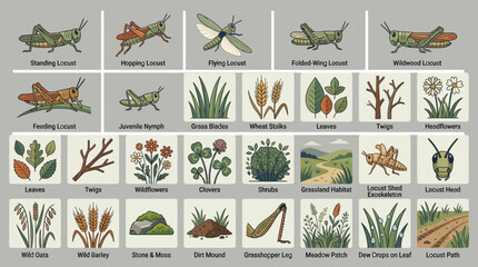 Obraz premium Detailed set of locusts and grasshoppers with grassland habitat elements and plants for nature themed graphics