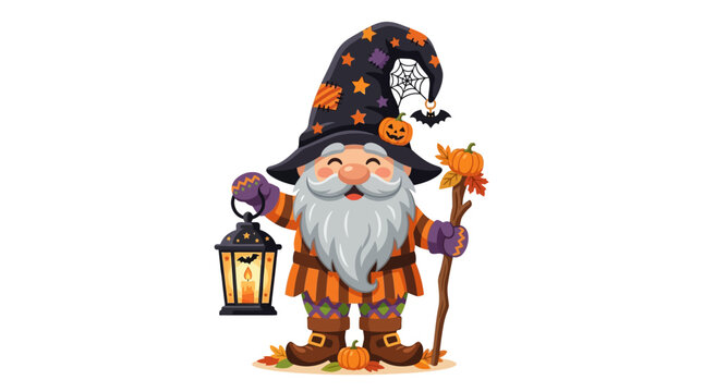 Halloween gnome wizard with lantern and staff vector, spooky garden tomte character with pumpkin hat, festive fall dwarf illustration