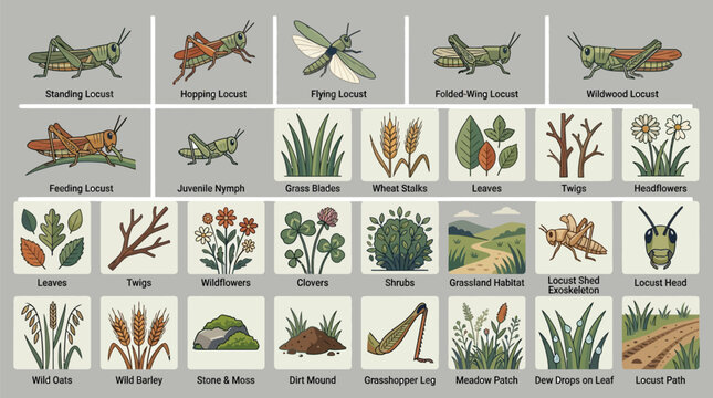 Detailed set of locusts and grasshoppers with grassland habitat elements and plants for nature themed graphics