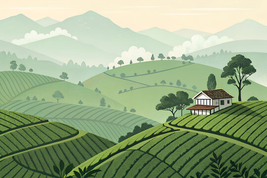Munnar Tea Plantations, rolling geometric tea fields with a small colonial bungalow and misty mountains, modern minimal vector landscape, layered green tones.