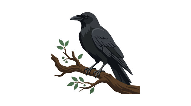 Black raven perched on a tree branch vector illustration, majestic crow bird with dark feathers, wild corvid animal isolated on white background